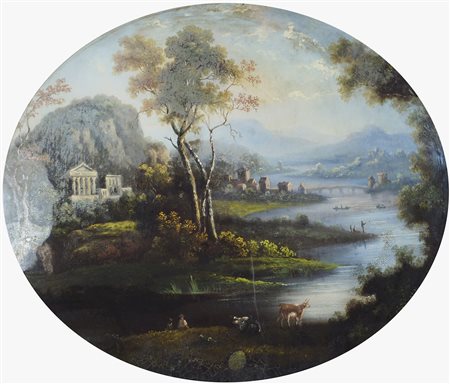 Maestro del XIX secolo "Paesaggio" cm. 46x54 - olio su vetro (formato ovale)