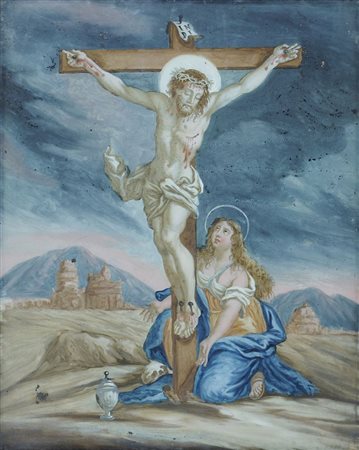 Maestro del XVIII seolo "Crocifissione" cm. 33x27 - olio su vetro