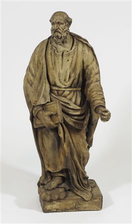 Antica scultura in terracotta lavorata raffigurante santo con libro. H. cm. 96.