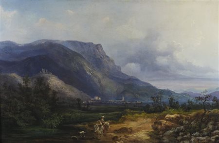 Maestro del XIX secolo "Grande paesaggio con figure" cm. 79x121 - olio su...