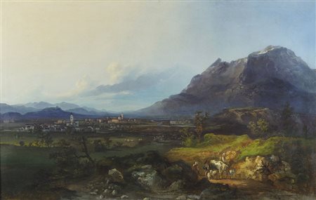 Maestro del XIX secolo "Grande paesaggio con cittadina" cm. 79x121 - olio su...