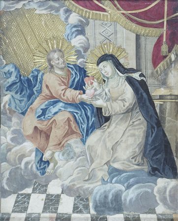 Maestro del XVIII secolo "Cristo e S. Margherita" cm. 28x21 - collage su stoffa