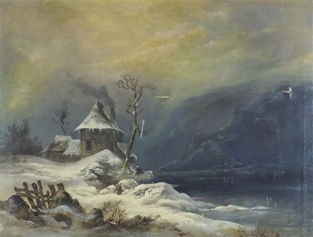 Maestro del XIX secolo "Paesaggio innevato" cm. 65x86 - olio su tela (rotture)