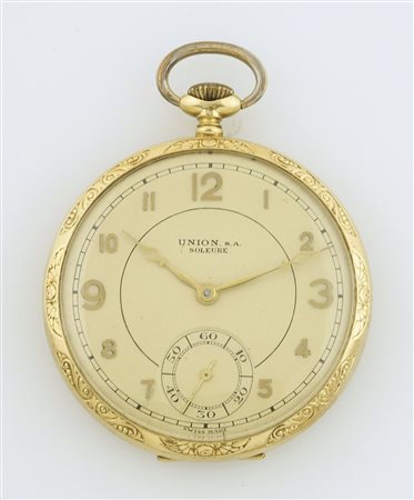 Union: orologio da tasca in oro 14Kt con cassa incisa ai bordi, quadrante con...