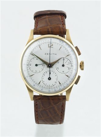 Zenith: cronografo da polso in oro giallo, quadrante mat-argento a 3 contatori.