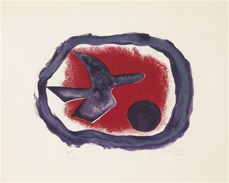 Georges Braque, Argenteuil 1882 - Parigi 1963, Oiseau sur fond carmine...