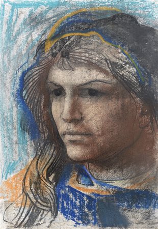 Pietro Annigoni, Milano 1910 - Firenze 1988, Testa di donna, Tecnica mista su...