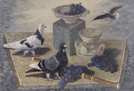 Gino Severini, Cortona (Ar) 1883 - Parigi 1966, Natura morta con piccioni e...