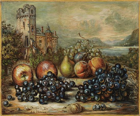 Giorgio de Chirico, Volos 1888 - Roma 1978, Frutta in un paese, 1950, Olio su...