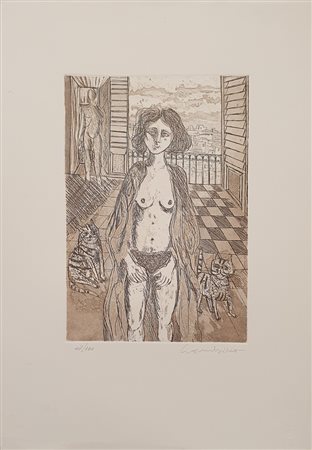 GAMBINO PIPPO (1935 - 2004) Ragazza con gatti Acquaforte 35x50 cm Firma in...