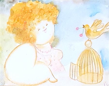 VIETTI NICOLA (1935) La gabbietta Tecnica mista su cartone telato 24x30 cm...