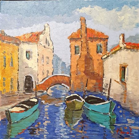 TIOZZO FABRIZIO (1950) Canali Olio su tela 50x50 cm Firma in basso a destra