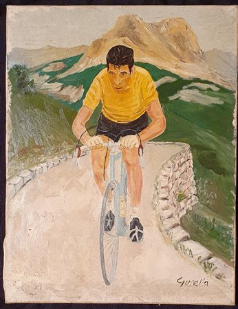 GUSELLA GUGLIELMO Ciclista Olio su tela 50x30 cm Firma in basso a destra