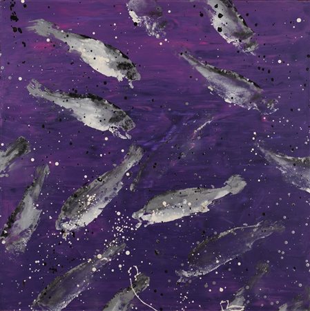 Massimo Barzagli FISHWATCHING acrilico su tela, cm 100x100 sul retro:...