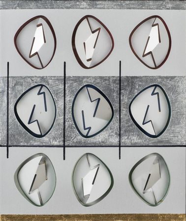 Angelo Bozzola SPAZIO-TEMPO monotipo metallo sagomato, cm 27x23 sul retro:...