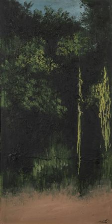 Carlo Mattioli NEL BOSCO olio su tela, cm 120x60 firmato sul retro: firmato e...