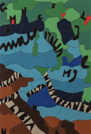 Ugo Nespolo ITALIA acrilico su legno sagomato e intarsiato, cm 100x70 sul...