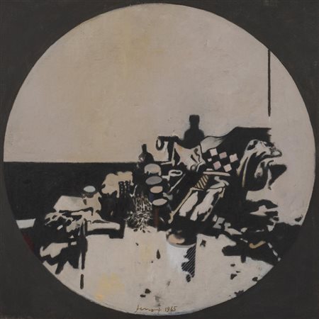 Gianfranco Ferroni OGGETTI TONDO olio su tela, cm 41,5x41,5 firmato e datato...