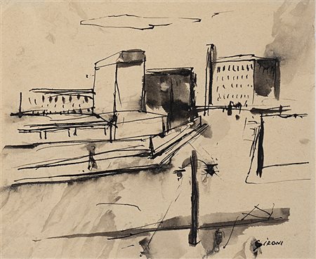 Mario Sironi (Sassari 1885 - Milano 1961)"Paesaggio urbano" 1922 circaChina e...