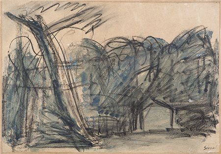 Mario Sironi (Sassari 1885 - Milano 1961)"Paesaggio con alberi e casa" 1950...