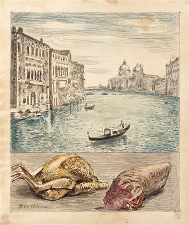 Giorgio de Chirico (Volos 1888 - Roma 1978)"Veduta di Venezia con pollo e...