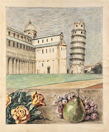 Giorgio de Chirico (Volos 1888 - Roma 1978)"Veduta di Pisa con fiori e frutta...