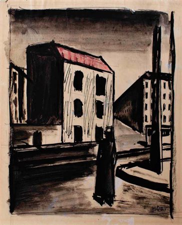 MARIO SIRONI Sassari 1885 - Milano 1961 PAESAGGIO URBANO, 1920 CIRCA tempera,...