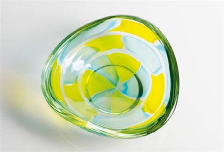 CENEDESE Coppa in vetro pesante trasparente con decori nei toni del giallo e...