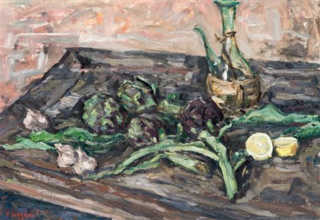FRANCESCO INVERNI (1935-1991)Natura morta: i carciofi, 1959Olio su tavolacm...