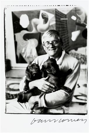JIM MCHUGHDavid Hockney with his two dogs, Stanley and Boodgie,...