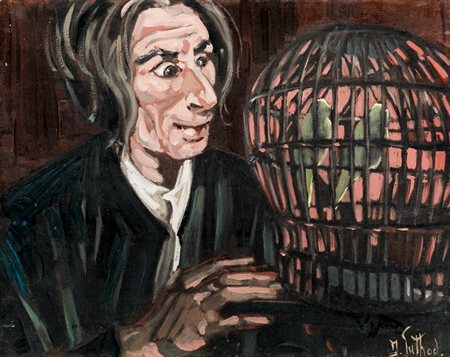 DOLORÈS PUTHOD (1934)L'ornitologo, 1989Olio su telacm 50x40Firma al...