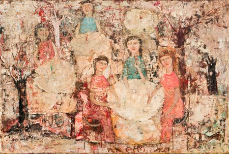 GUSTAVO FOPPIANI (1925-1986)Bar giardino, 1953Olio su tavolacm 29x42,5Firma e...