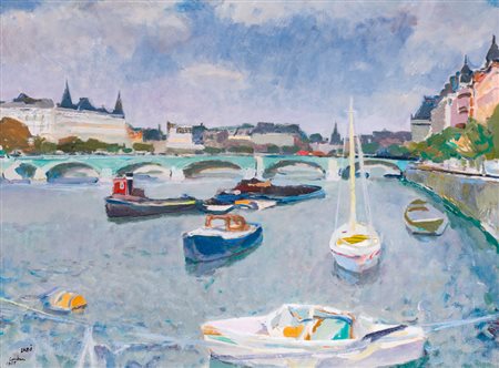 SAVINO LABÒ (1899-1976)Londra (Mattino sul Tamigi), 1955Olio su telacm...