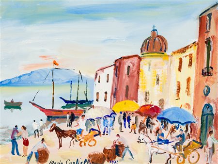 MARIO CORTIELLO (1907-1982)Mercatino, 1972Olio e tecnica mista su cartone...