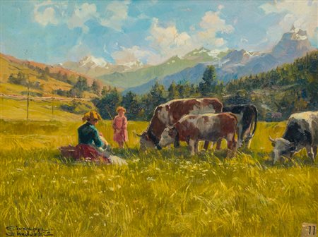 GIUSEPPE GHEDUZZI (1889-1957)Pascolo a PilarOlio su tavolacm 21x27Firma al...