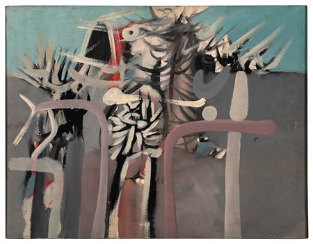 Sergio Dangelo (1932) Grande massacro, 1957 olio su tela, cm 50x65 firmato a...