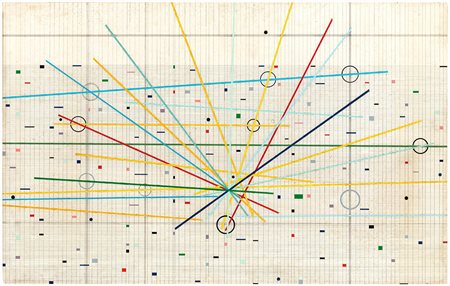 Andrea Bisanzio (1918-1994) Composizione, 1954 smalto su tavola, cm 63x100...