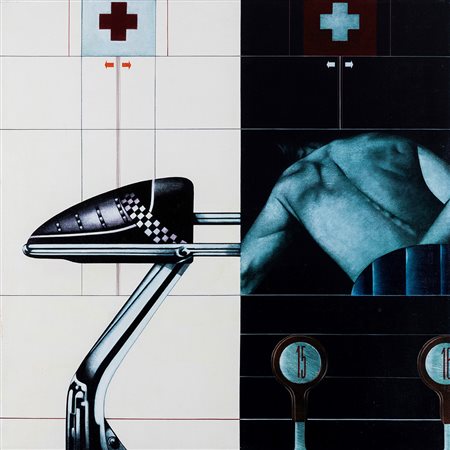 Sergio Sarri (1938) Attrezzo e Figura, 1972 acrilico su tela, cm 80x80...