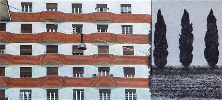 Roberto Falconieri (XX Secolo) Tre cipressi, 2002 olio su tela, cm 100x220...