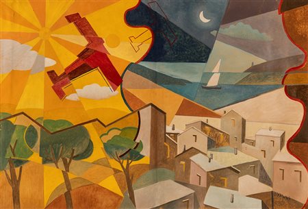 Giulio D'Anna (1908-1978) Simultaneità di paesaggio+aerei caproni, 1928-1929...