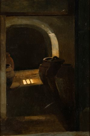 Antonio Donghi (1897-1963) Interno, 1922 ca olio su tela, cm 60x40 firmato e...