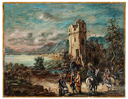 Giorgio De Chirico (1888-1978) Paesaggio Romantico con cavaliere e...