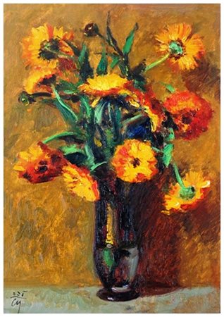 CORRADO MICHELOZZI Livorno 1883 – Livorno 1965 Calendule Olio su tavola 50 x...