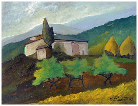 AUTORE IGNOTO Senza titolo 1962 ca. Olio su cartone 50 x 65. Firma e data in...