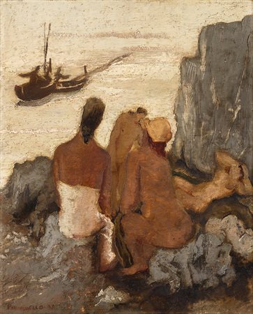 Fausto Pirandello Bagnanti sugli scogli 1931 olio su tavola cm 61,5x51Firmato...