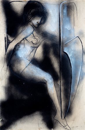 Renato Guttuso Donna che scende dall'auto 1966 olio e tempera su cartoncino...