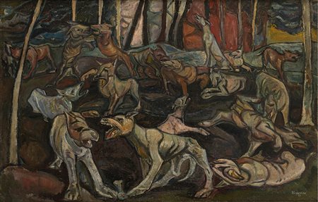 Emilio Scanavino La battaglia dei cani 1949 olio su tela cm 90x139,6Firmato e...