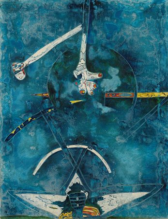 Gianni Dova Incontro 1961 olio su tela cm 89,5x70 Firmato e datato al verso:...