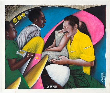Chéri Samba Coperation Nord-Sud 1990 acrilico su tela cm 55x66 Titolato in...