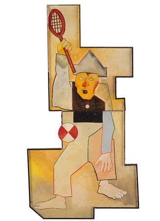 Aldo Spoldi Tennista tempera su panforte cm 115x60Firmato al verso: A....